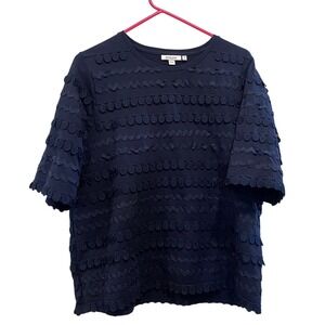 Chicos Navy Blue Textured Ric-Rac Eyelet Short Sleeve Top Size 2 Large Cotton
